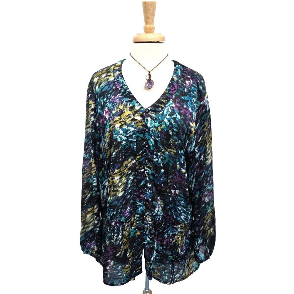 Fashion Bug Peplum Blouse Womens Size 2X Multicolor V-Neck Long Sleeve Button Up